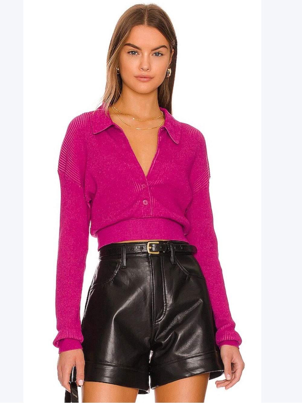 MONROW Twotone Rib Polo Top inRaspberry Rose